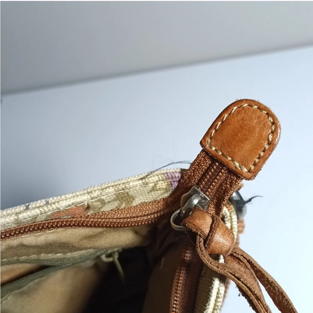 Fossil Vintage Cotton Floral Print Crossbody bag In Tan With Brown Leather Strap